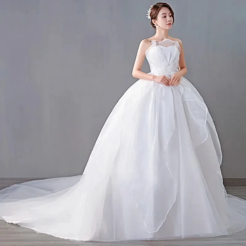 

Дешевое свадебное платье, белое Тюлевое платье с оборками, без бретелек, со шнуровкой, со шнуровкой, для принцессы, простые платья невесты XN159