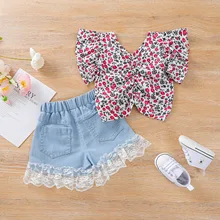 

Girls Floral High Waist Top + Denim Lace Shorts Set Girls European and American Fashion Children's Wear Kids Clothes Girls