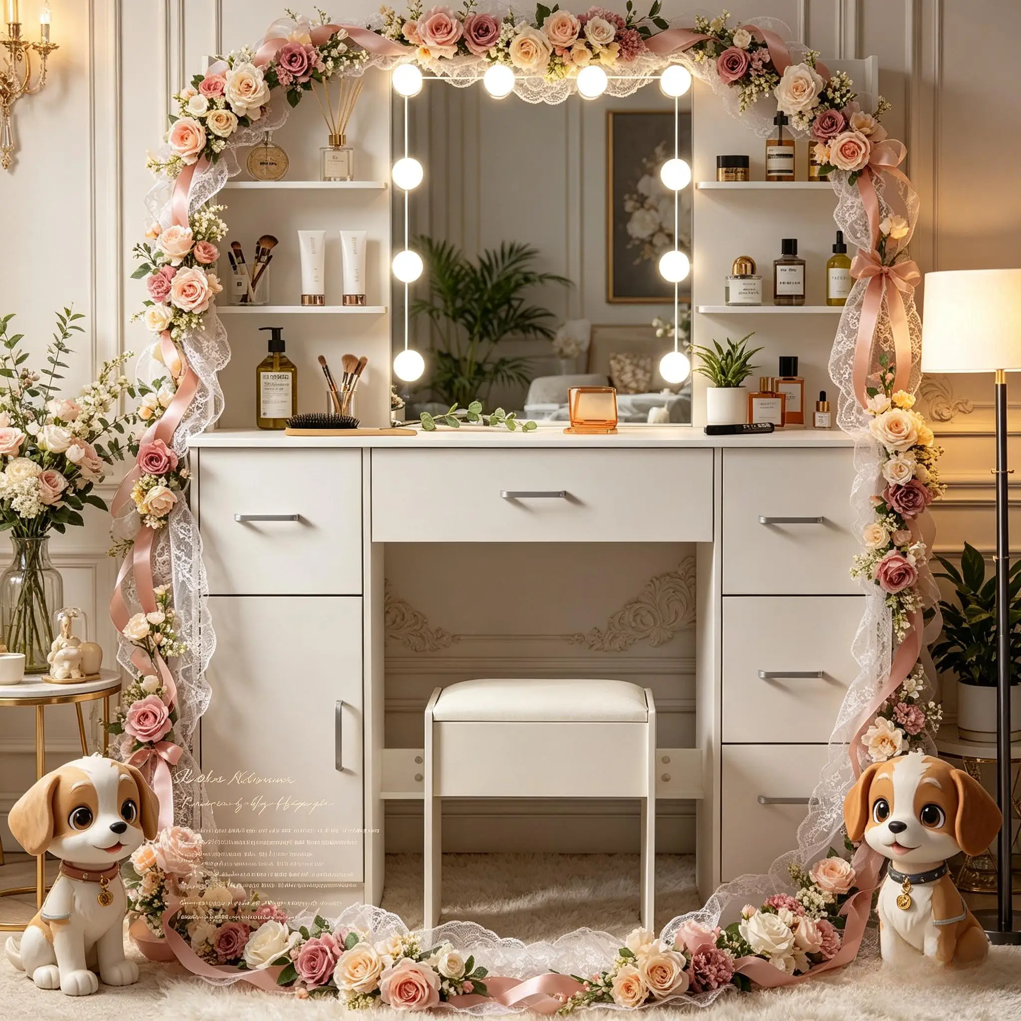 Light Luxury Vanity Dressing Table, HD LED Mirror, 3 Color Dimmable, 5 Drawers & Stool, Makeup Desk