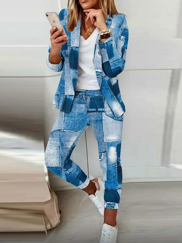 Elegant Office Women Blazers Pants Outfits Chic Lady Print Long Sleeve Two Piece Set Casual All Season Slim Pants Matching Suit