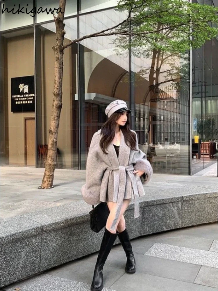 Fashion Coats for Women Patchwork Furry Long Sleeve Bandage Outwear Korean Y2k Clothing Korean Temperament Solid Color Jackets 6