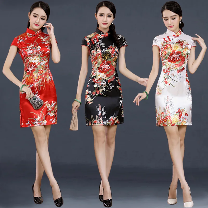 Chinese Traditional Modern Qipao Wedding Dress Red Dresses Cheongsam Plus Size With Embroidery Black Sexy Silk Short Woman
