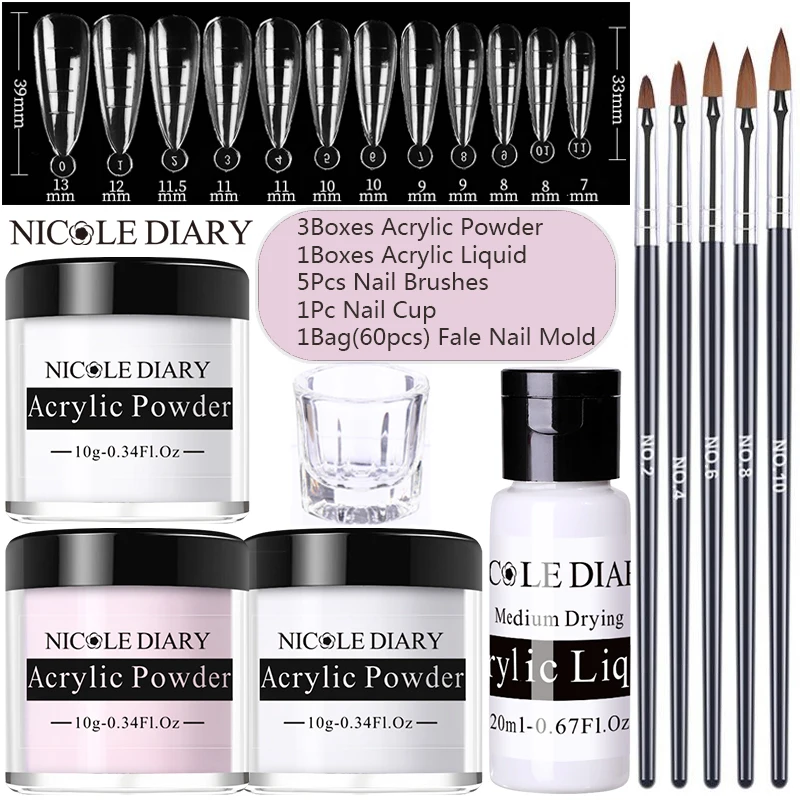 NICOLE DIARY 10ml Acrylic Powder Liquid Set Pink White Clear Crystal Nail Glitter French 3D False Nail Tips Extension Mold Kit