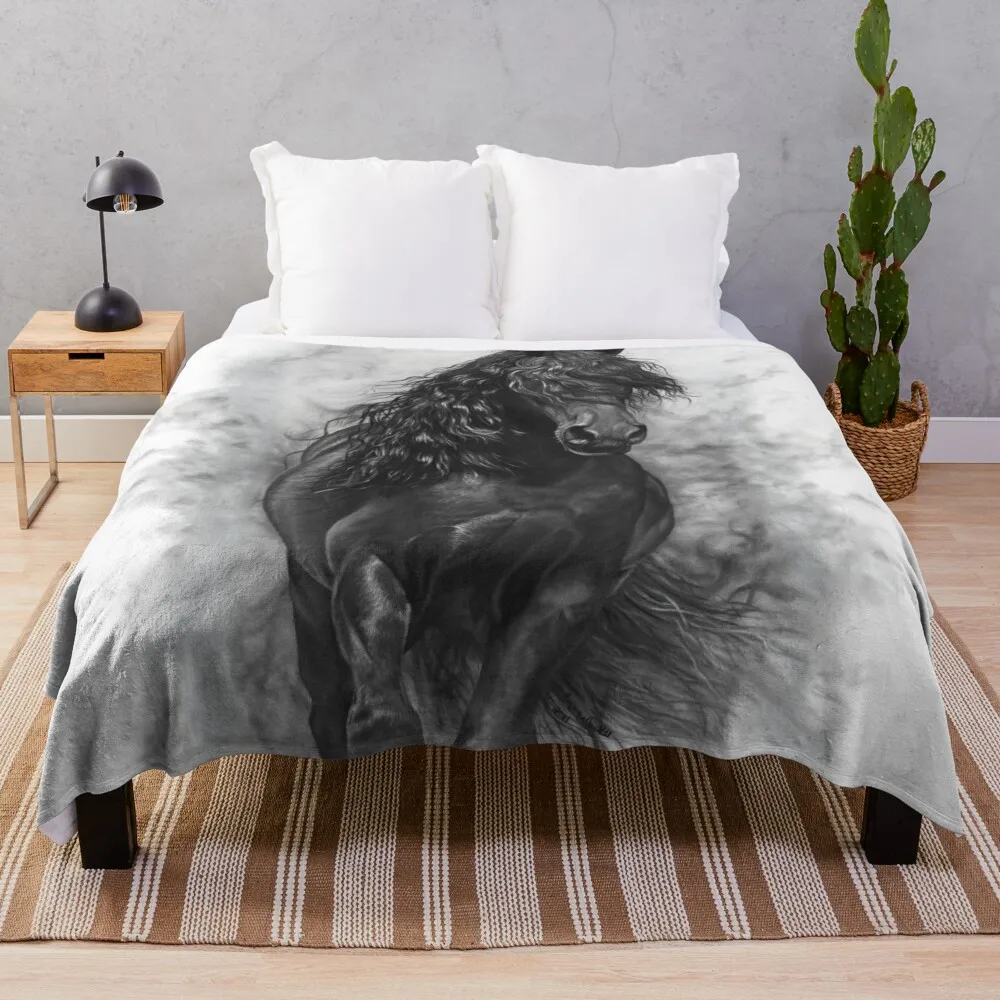 Black stallion in the mist Throw Blanket Comforter Blanket Sofa Quilt blankets and throws Fluffy