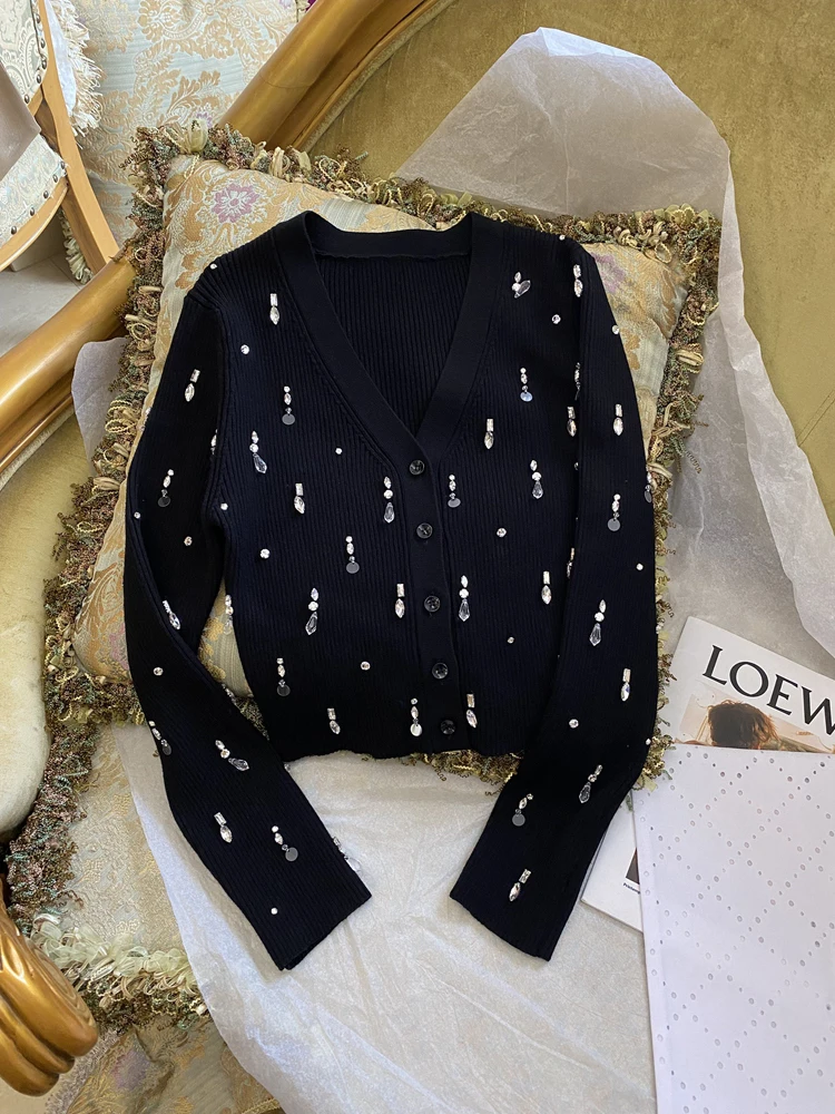 

HIGH STREET Newest 2024 Designer Jacket Women's V-neck Beaded Long Sleeve Knitted Short Cardigan