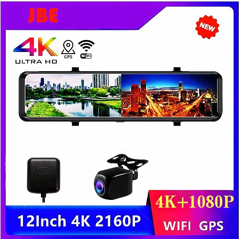 Car Dash Cam 4K 3840*2160P 12Inch Dual Lens Dash Cam WIFI GPS APP Rear View Mirror Camera Touch Screen Streaming Video Recorder