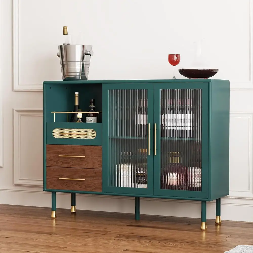 Green 48 Coffee Bar Cabinet with Pull-Out Wine Racks, Storage Drawers, and Serving Sideboard for Kitchen, Dining, and Living Roo