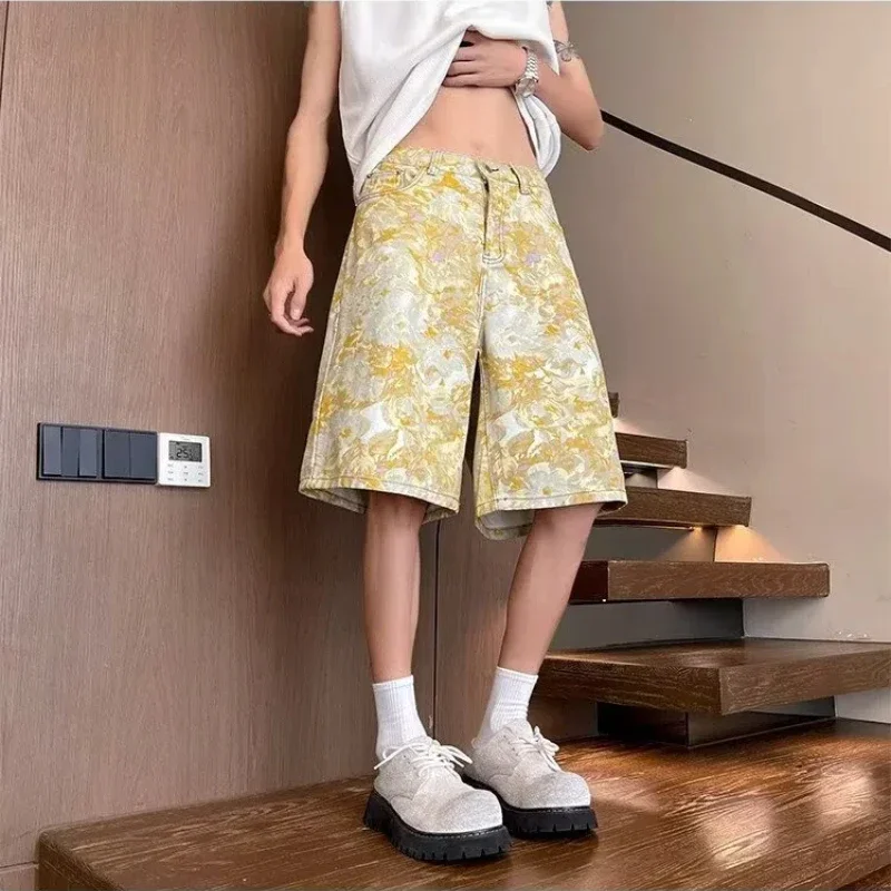 Yellow Tie-Dye All-Over Jacquard Denim Shorts for Men Summer