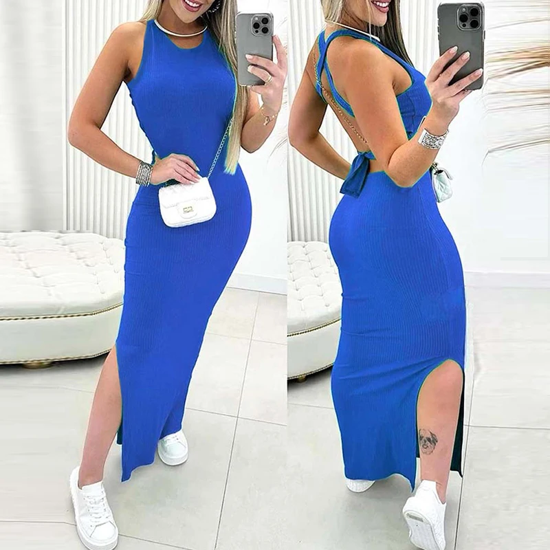 

Elegant O-neck Split Pit Stripe Long Dress Lady Sexy Crossover Backless Tie-up Party Dress Casual Sleeveless Solid Bodycon Dress