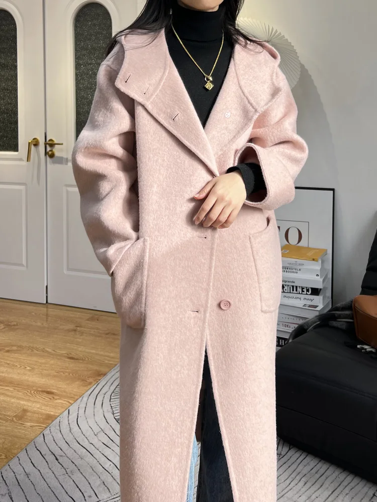 New Pink Color Hooded 100% Wool Double-sided Cape Coat Long Women Fashion Warm Single Breasted Soft Woolen Coat Female Winter