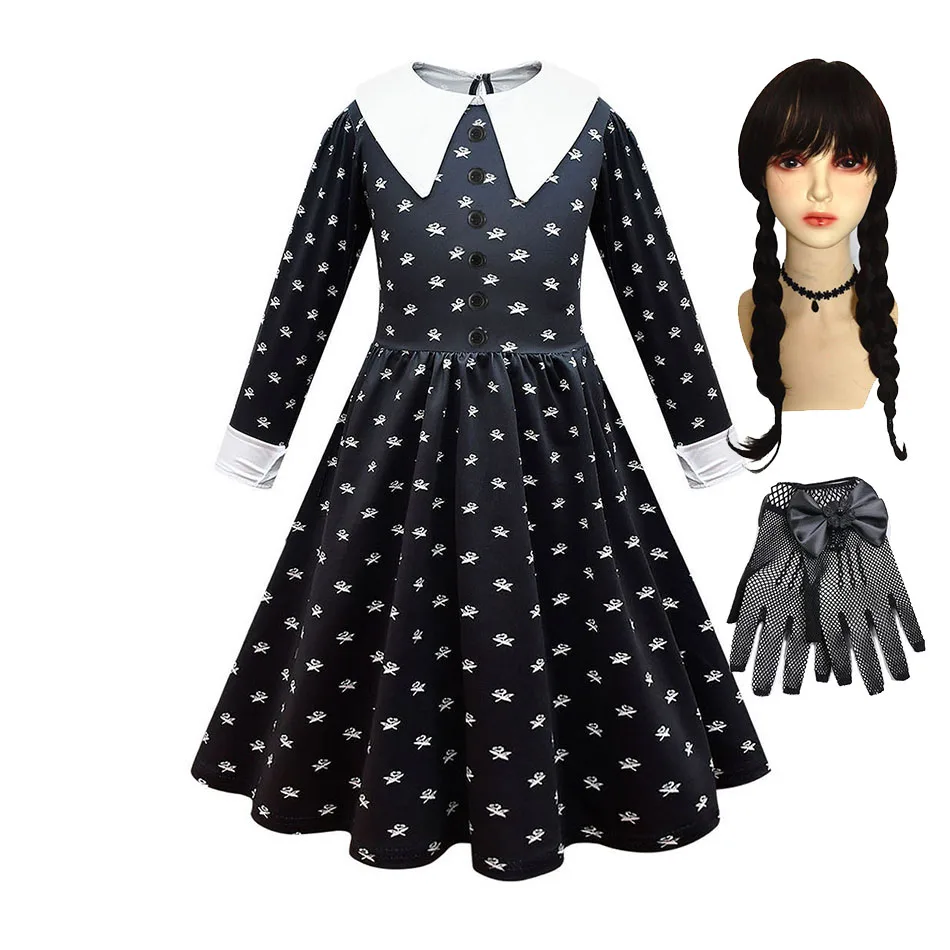 Costume Mercredi Addams Pour Enfant – Taille M (5-7 Ans) – Robe Noire Avec Col Et Poignets Blancs
