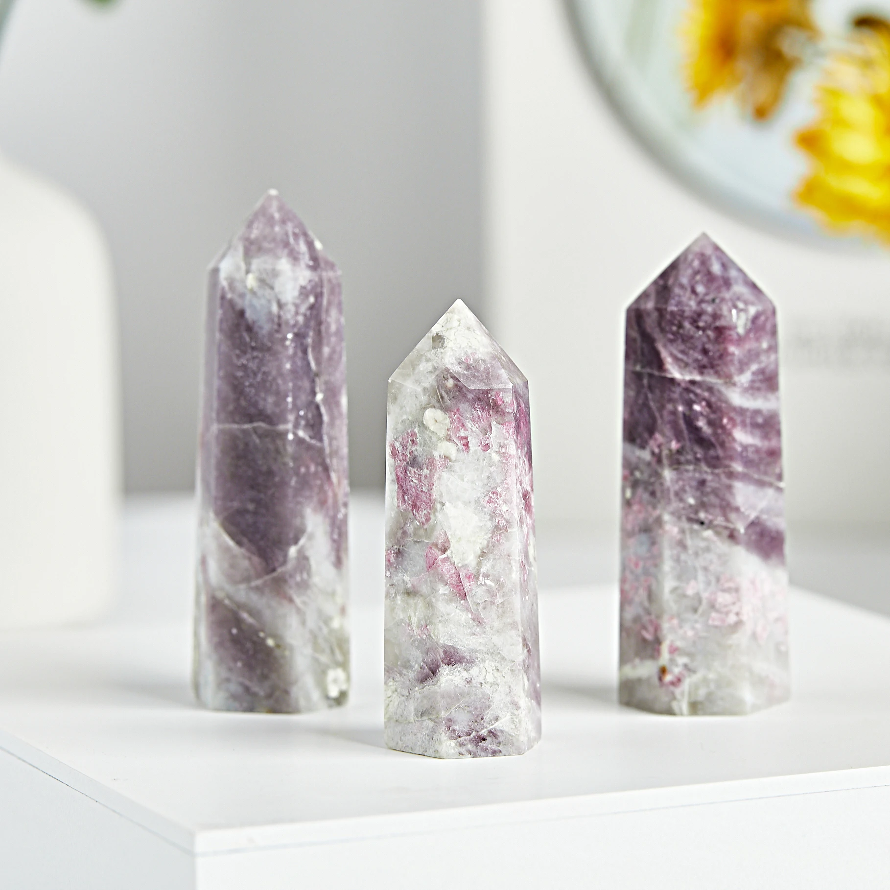 Crystal Point Prism Crafts Natural Unicorn Stone Quartz Lepidolite Tower Energy Mineral Pink Tourmaline Wand Home Decoration