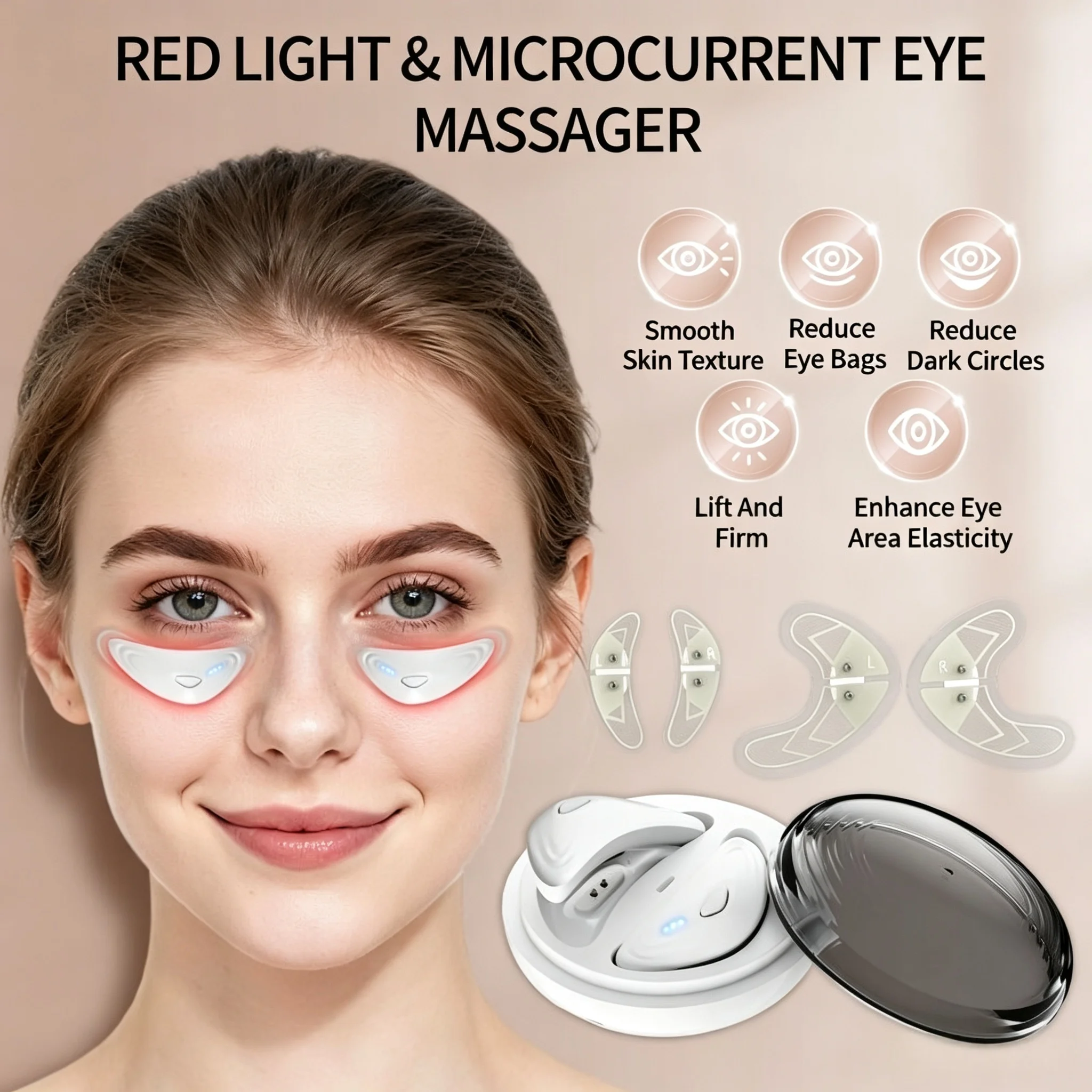 Red Light Under Eye Massager with Patches Portable Microcurrent Eye Skin Care Beauty Device for Eye Bags Dark Circles Puffiness