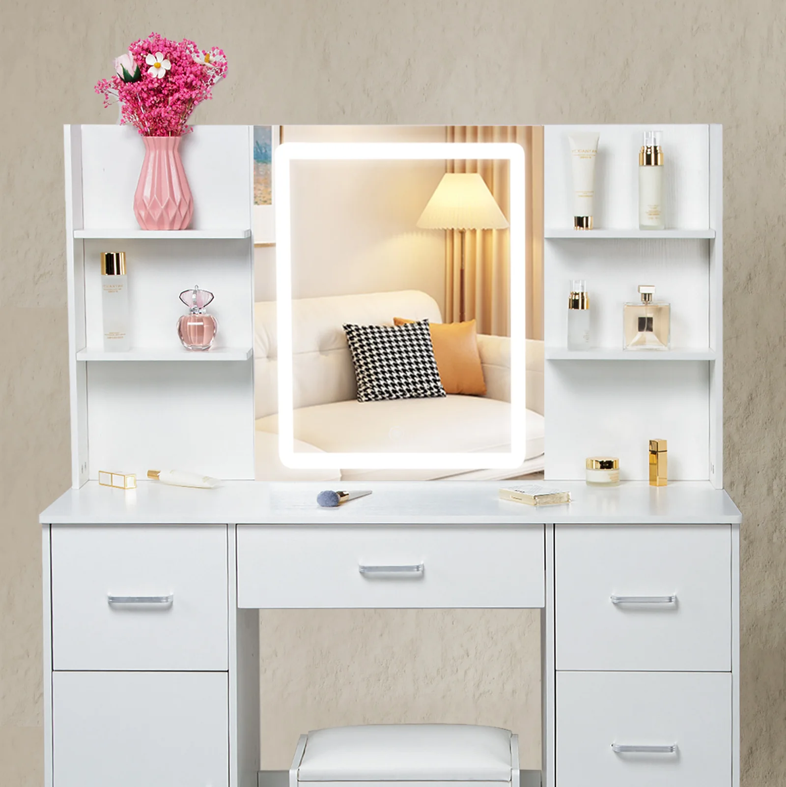 Makeup Vanity Table with Drawers, Vanity Desk Set with Shelves, Dresser Desk and Cushioned Stool Set White