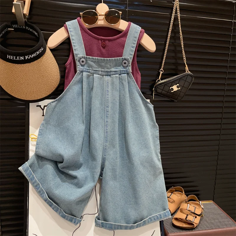 

2023 Summer Kids New Korean Casual Loose Overalls Pants Girl Denim Overalls Vest Set Girls Clothes 2 To 8 Years Girl Clothes