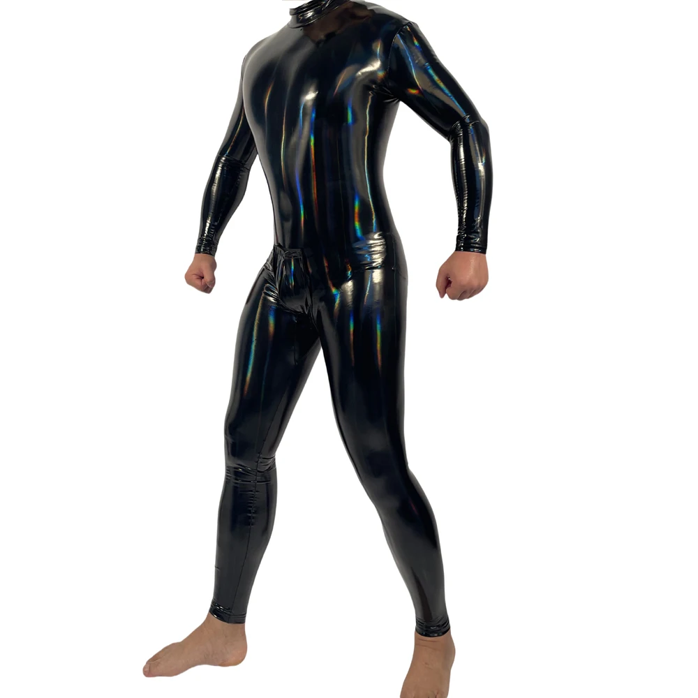 Cosplay costume Patent Leather Jumpsuit M-4XL Mens Cosplay Laser Colorful PU Leather Sexy Bodysuit Body Tights Male Servant Stage Straitjacket