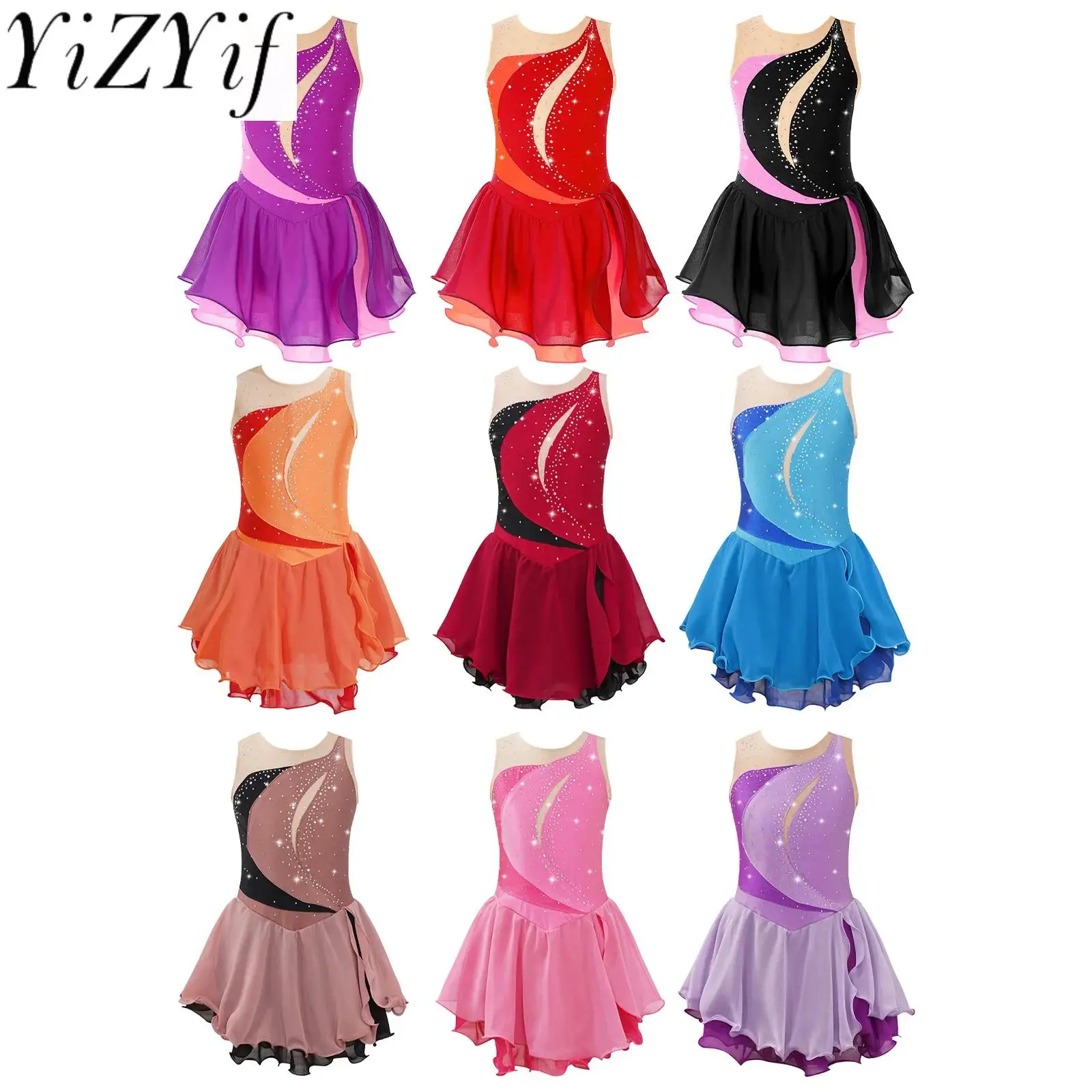 

Kids Girls Figure Skating Dance Dress Sleeveless Rhinestone Ballet Tutu Gymnastics Leotards Competition Performance Dancewear