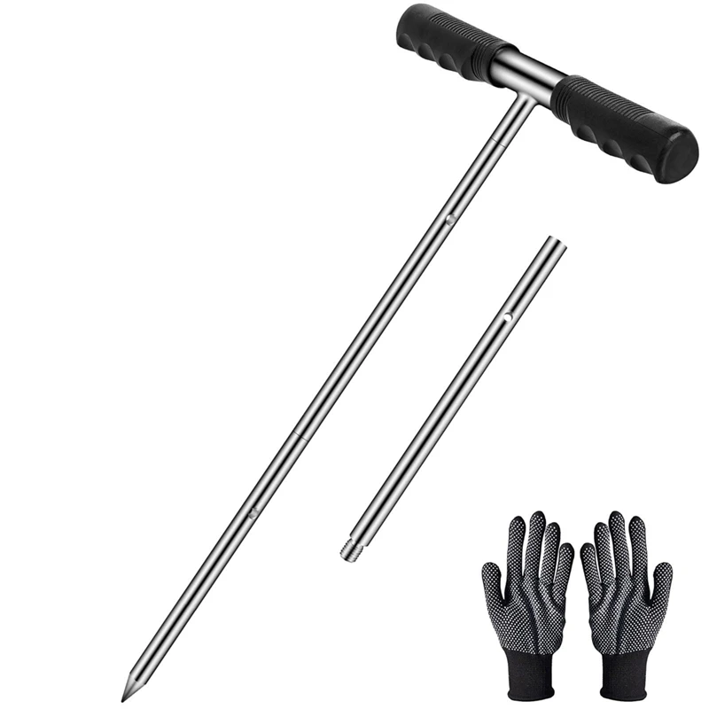 Solid Stainless Steel Soil Probe Rod, Adjustable 17-32-48 Inch, Septic Tank Probe Rod, Ground With T-Handle