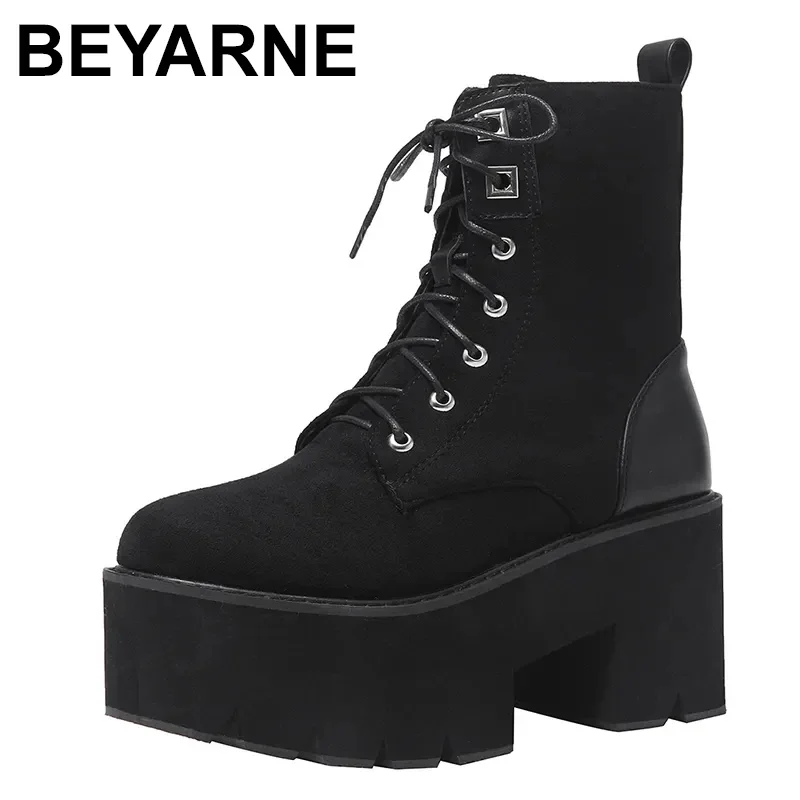 Lace Up Combat Boots Chunky Heel Autumn Punk Black Platform Boots Women  Winter Rave Shoes Plush Inside Suede Leather - AliExpress