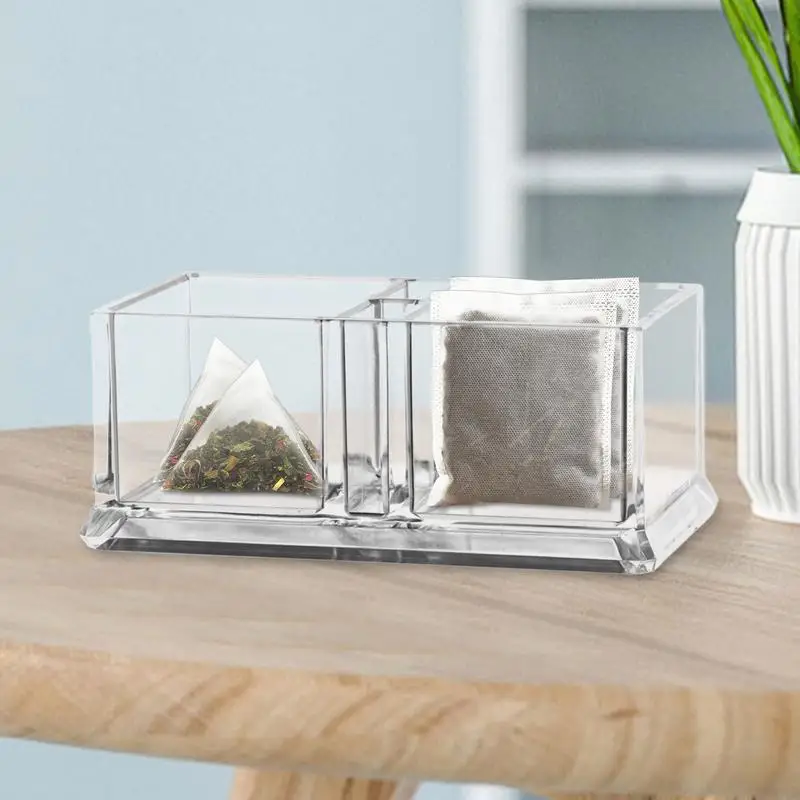 Tea Bag Storage Box Clear Acrylic Storage Divider Box Tea Bags Container Tabletop Coffee Capsule Sugar Packet Organizer Holder