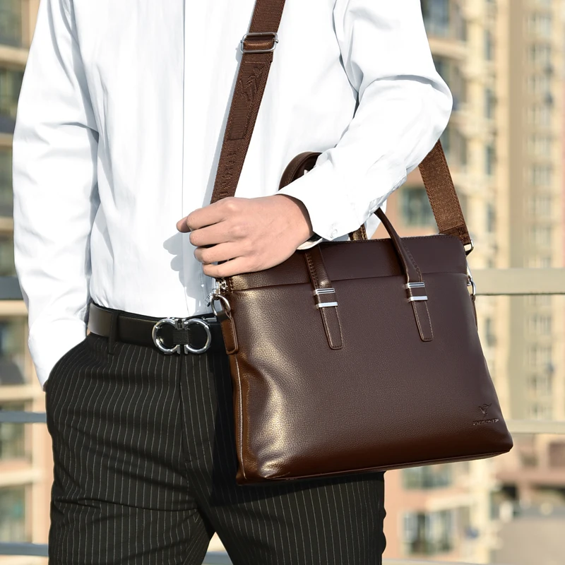 Large capacity leather briefcase Wear resistant and splash proof men's handbag 14 inch laptop case
