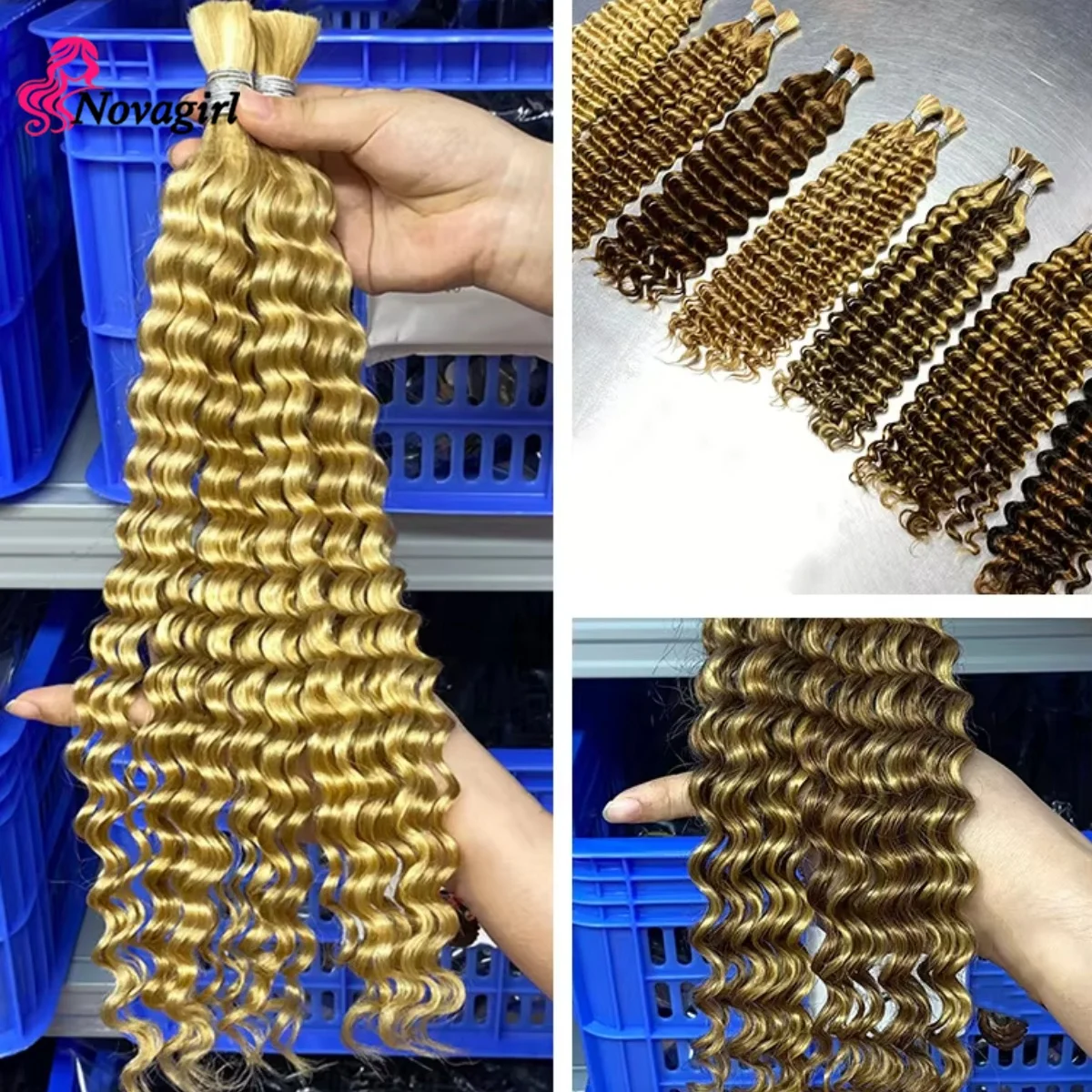 Human Braiding Hair for Boho Braids 50g/Pack Highlight Deep Wave Bulk Human Hair 4/27 Ombre Knotless Braiding Hair Extensions 3