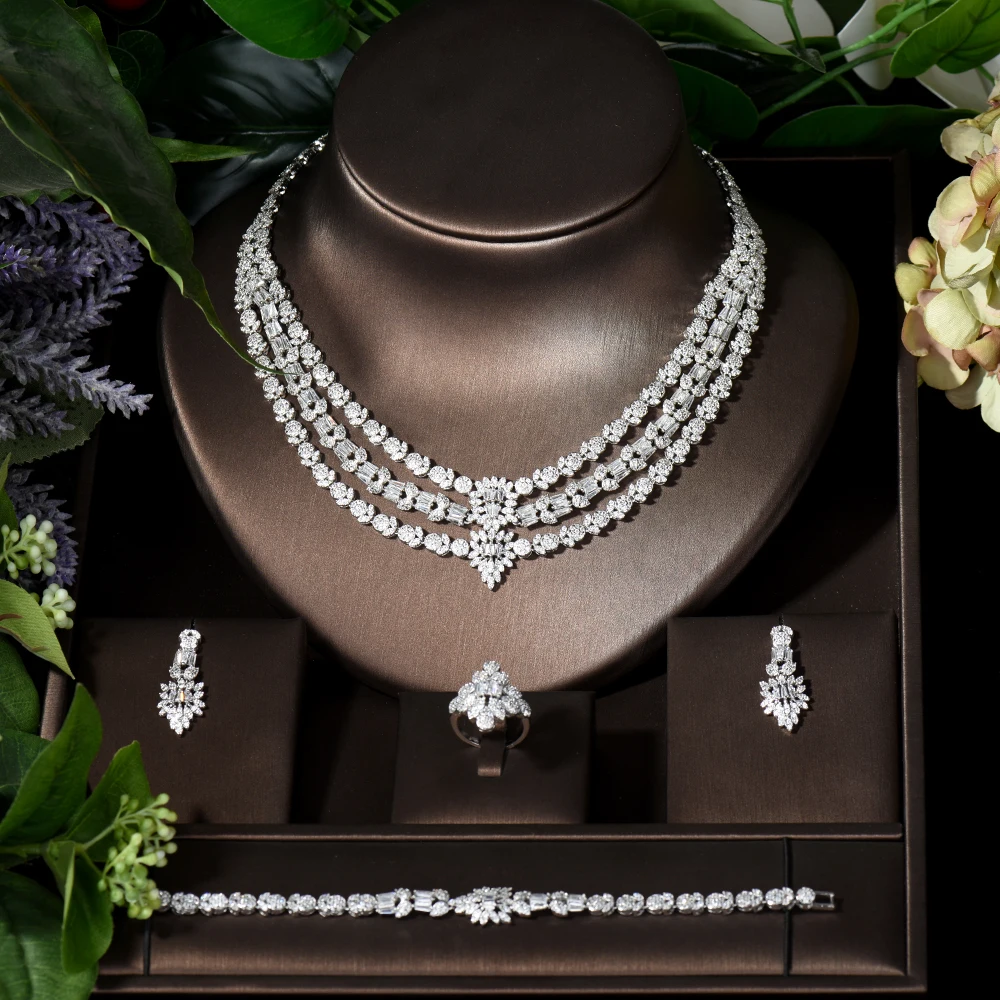 

Fashion Trendy Three Layers 4pcs Bridal AAA Cubic Zirconia Jewelry Sets for Women Wedding Party Necklace and Earring Set S-001