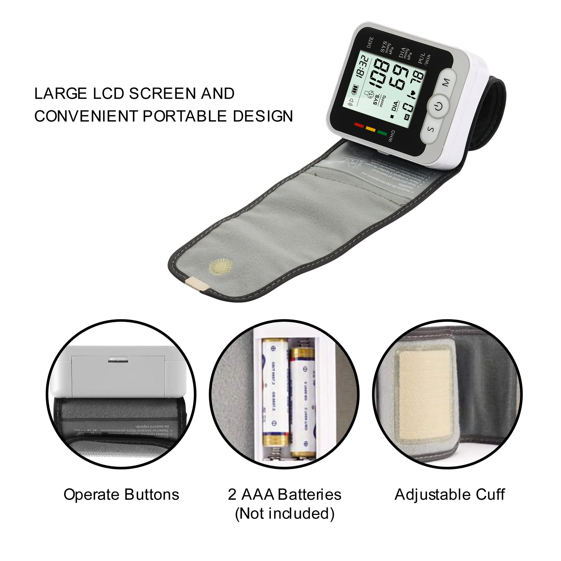 Portable Automatic Sphygmomanometer Medical Digital LCD Display Wrist Blood Pressure Monitor Pulse Heart Rate Monitor Tonometer