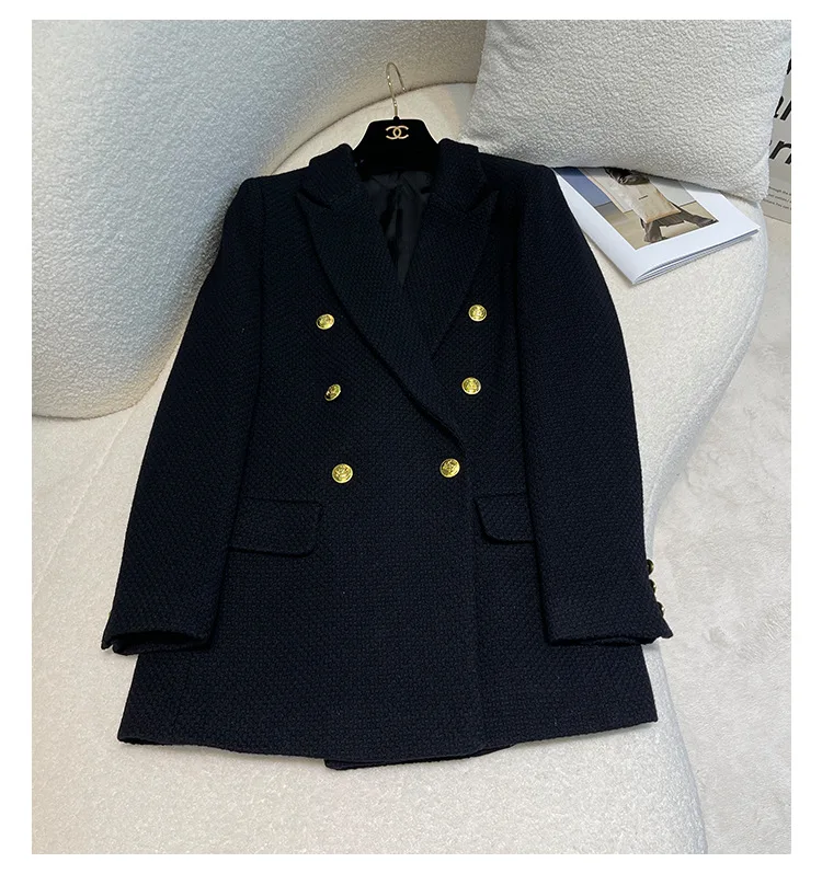 93.5% Wool Coat Women Fashion Double Breasted Tweed Loose Long Black Blazer Coat Jacket Flap Pocket Female Outerwear Chic