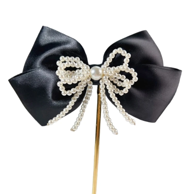 

652F Elegant Necktie with Ribbon and Pearls Bow Vintage Lapel Clothing Jewelry Perfect for Wedding Engagement