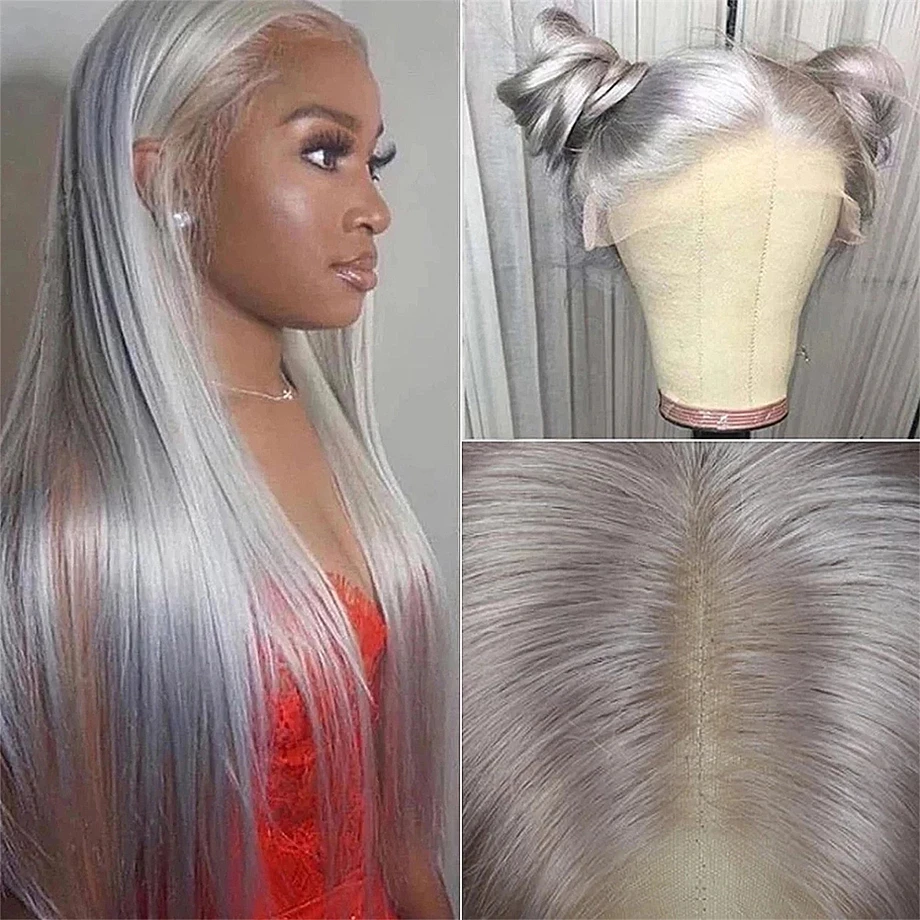 

Silver Grey Straight Lace Front Wig Remy Brazilian Bone Straight Human Hair Wig For Women Gray Color Lace Closure Wig Preplucked