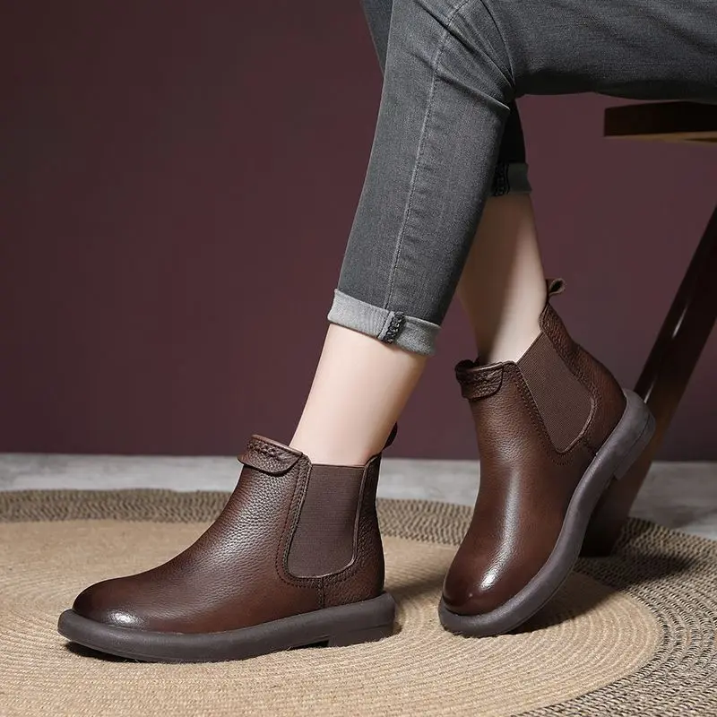 

Black Women Chelsea Boots Slip on Ankle Boots Brown Fashion Genuine Leather Elastic Band Retro Ladies Shoe Platform Short Boot