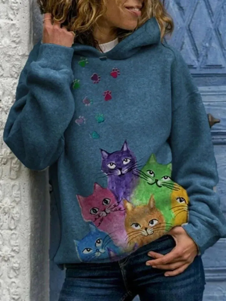 2023 Streetwear Hoodies Women Sweatshirt Autumn Winter Long Sleeve Harajuku Cat Print Sweatshirts Casual Pullover Women Clothing