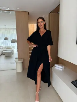 Elegant Deep V Neck Short Sleeve Wrap Midi Dress With Elastic Waist Side Slit And Textured Crinkled Fabric Perfect For Casual Da 1