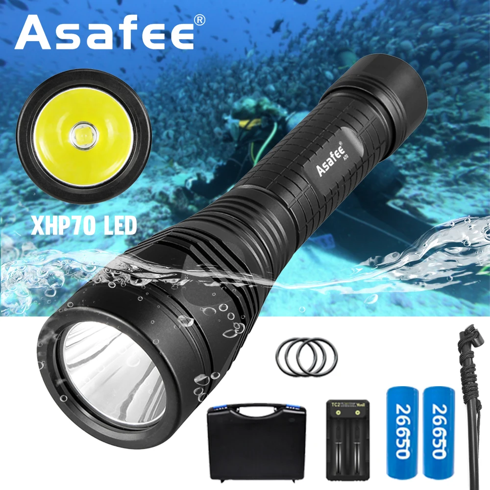 Asafee 강력한 다이빙 손전등 LED 수중 랜턴, 2500LM 방수, IPX8 충전식 스쿠버 다이빙 램프 토치, A70 P70...