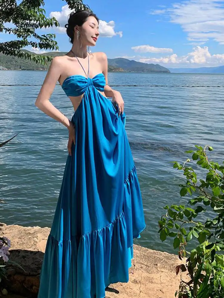 

2024 Summer New Women's Blue Sexy Club Hanging Neck Hollowed Backless Pleated Long Dress Birthday Evening Party Bandage Sundress