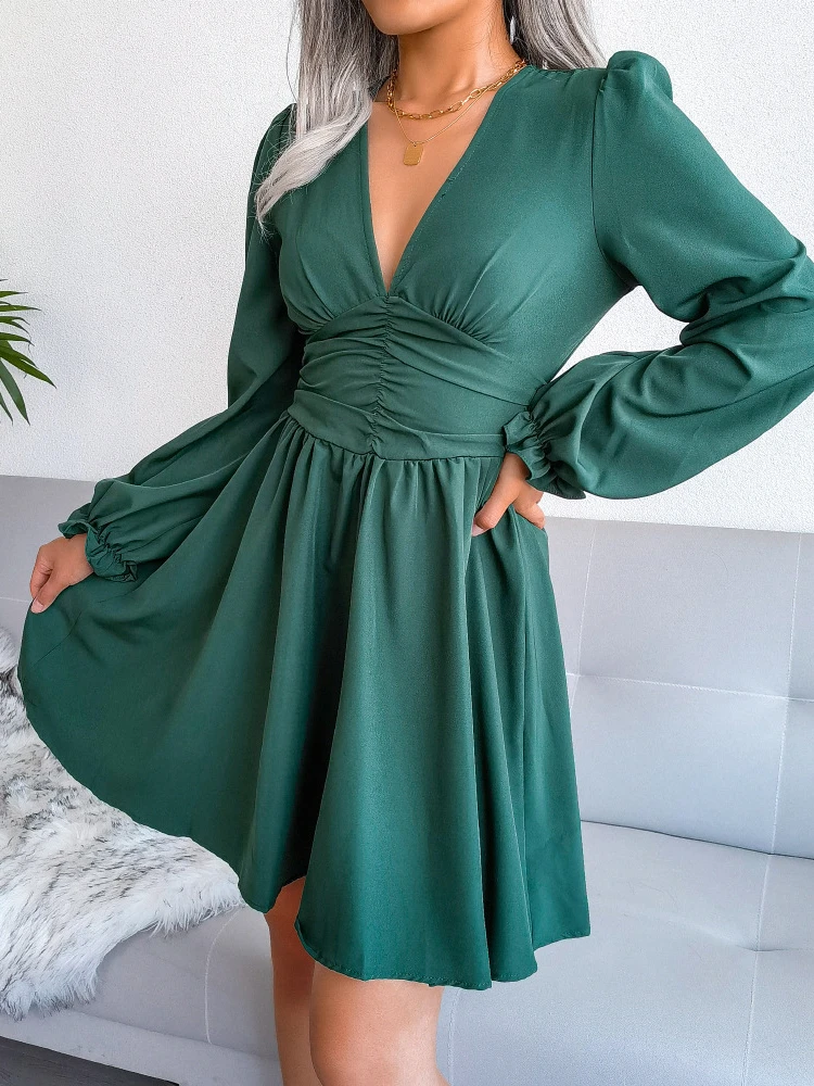 Elegant Chiffon A Line Mini Dress Women Lantern Long Sleeve Corset Bodycon  Dress Ladies Chic Party Vestidos 2023 Autumn size L Color Green