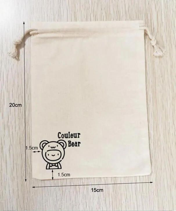 

200 Pieces 15x20cm Natural Cotton Bags Round String Drawstring Pouches Printed With Black Logo Custom Logo