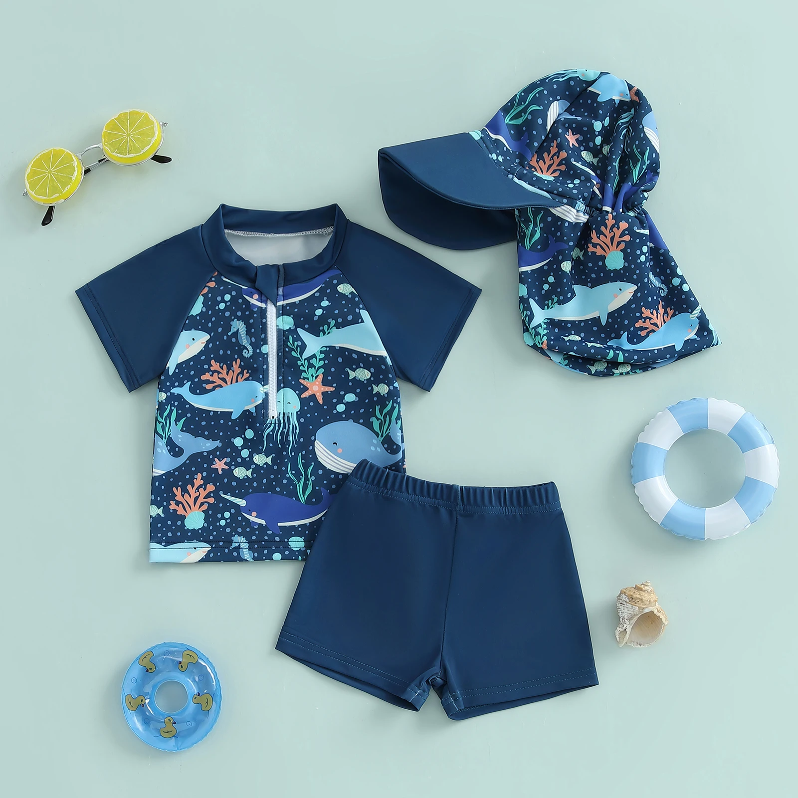 Infant Baby Boy Rash Guard Causal 3Pcs Whale/Turtle Print Short Sleeve Zip Tops with Shorts and Swim Hat Swimsuit Kid Beachwear kids swimsuits