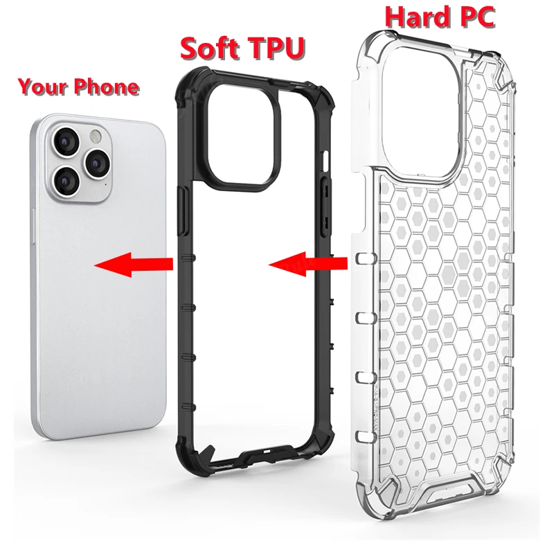 Honeycomb Clear Stødsikkert Etui Til Hybrid TPU Transparent Armor Cover iPhone 7 8 Plus 11 12 13 14 15 Pro Max_voghion.com