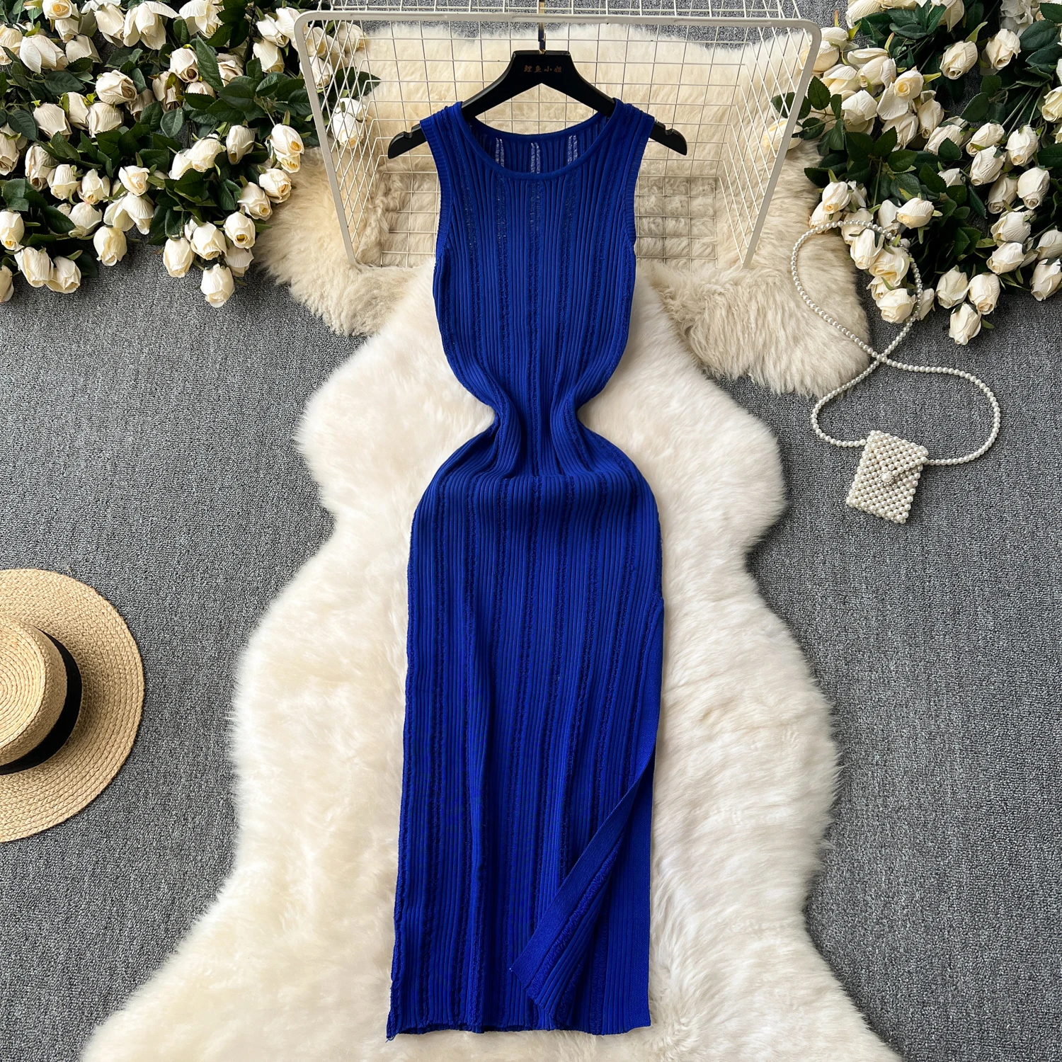 

Chic O Neck Knit Elastic Bodycon Split Dress Sexy Fashion Beach Vacation Sundress Women Casual Slim Pencil Vestidos