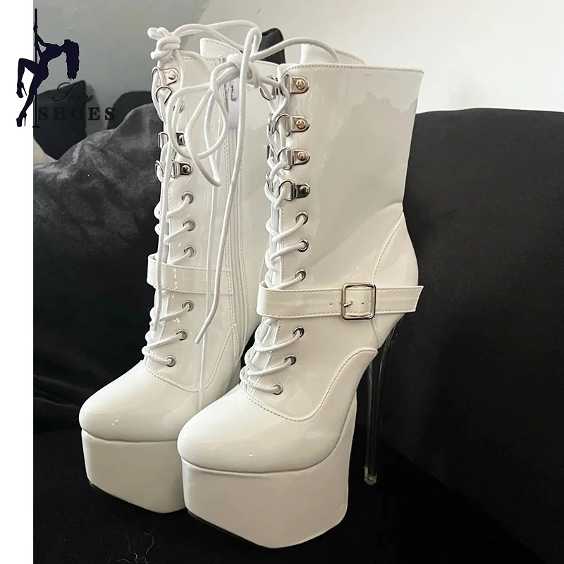 Women's Boots 19CM Trend Patent Leather Inside Zipper ANKLE Boots High Heel Sexy Stiletto Women Shoes Clear Heels Lady Shoes