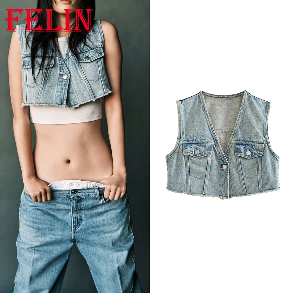 

TRAF 2023 Summer Streetwear Denim Vest Shirt Sleeveless Women’s Patchwork Single Button Short ShirtBlouse Women Streetwear Tops