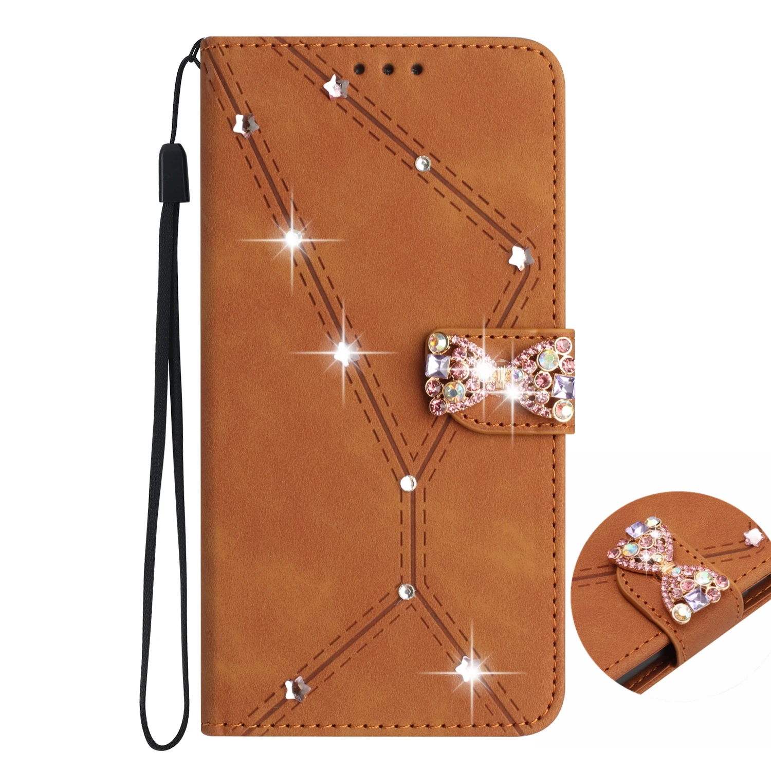 Luxury Rhinestone Wallet Case with Bow - Leather Flip Cover with 3 Card Slots and Anti-Drop Protection