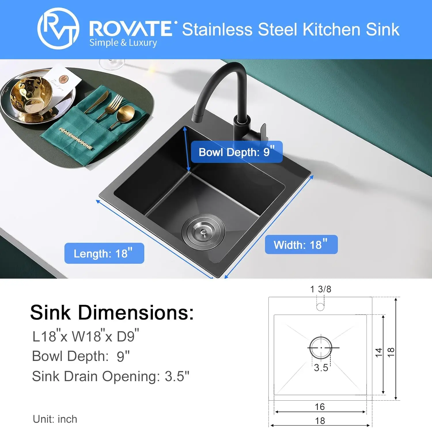 ROVATE 18x18 inch Drop in Kitchen Sink Black Nano Kitchen Bar Sink Top-mount Small Overmount Handmade 304 Stainless Steel Bar 4