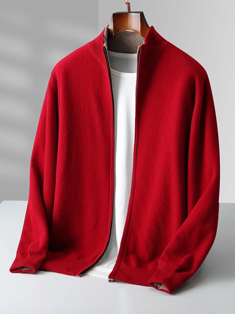 High-end Men Cashmere Sweater Zipper Cardigan Autumn Winter 100% Merino Wool Knitwear Thick Mock Neck Double Sided Wearable Coat 5