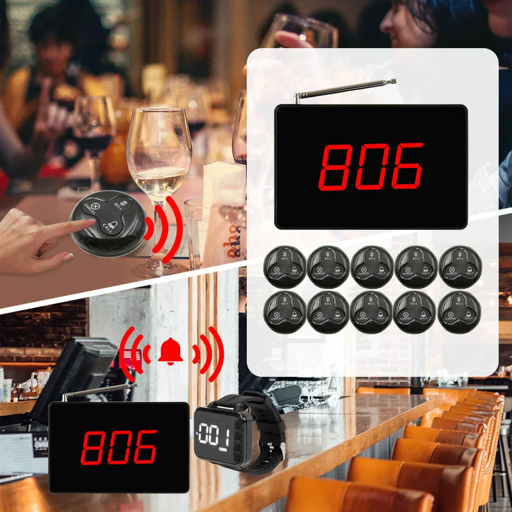 Wireless Service Waiter Calling System Restaurant Call Guest System Cafe 2 Watch Receiver+10 Call Button +Display