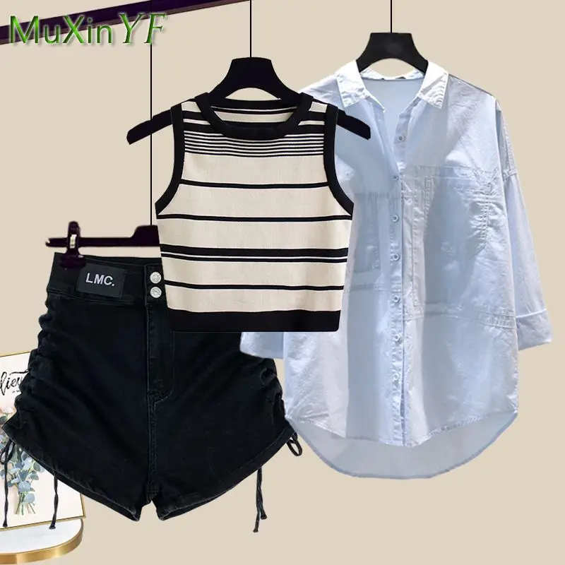 Women's Summer New Sunscreen Shirt Matching Set Korean Chic Blouse+Striped Strap+Denim Shorts Three Piece Female Tracksuit Suit