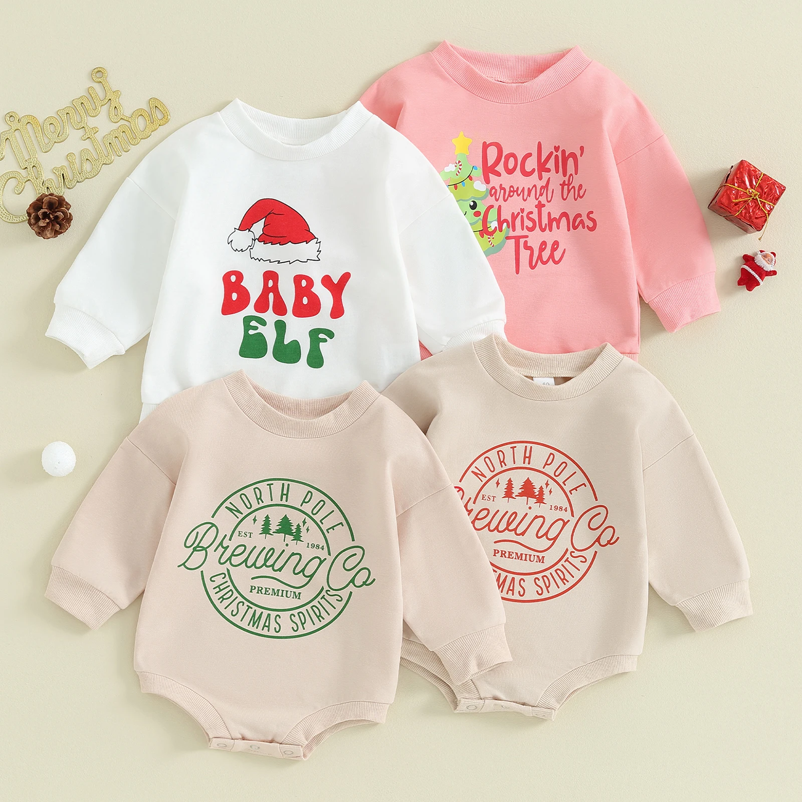 

Baby Boy Girls Christmas Outfit Sweatshirts Romper Long Sleeve Crew Neck Tree/Hat Print Bodysuit Baby Xmas Loose Playsuit