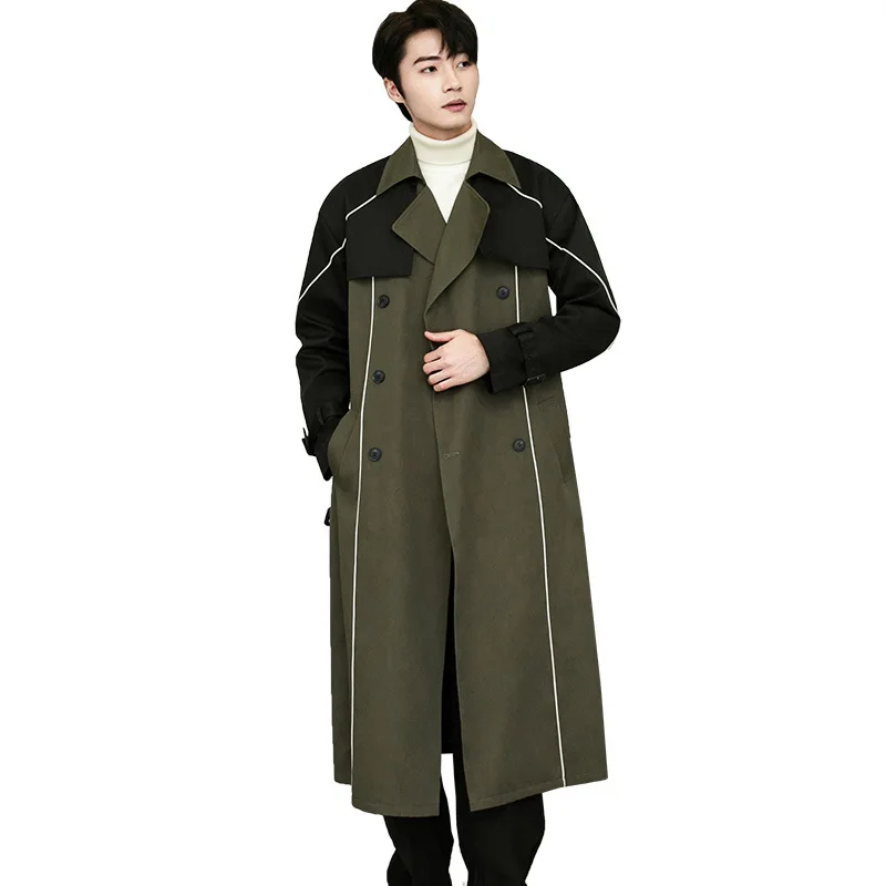 

Men Spring Autumn Trench Coat Smart Casual British Style Double Breasted Windbreaker with Belt Patchwork Design Outwear